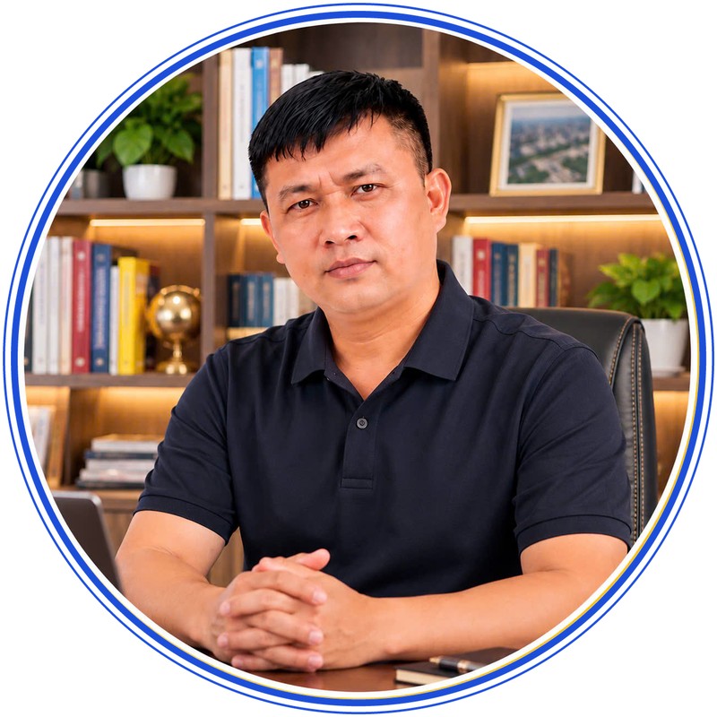 Khang An, môi giới nhà đất Long Thành và Cẩm Mỹ, ngồi tại bàn làm việc